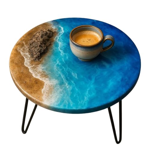 パナマレンコ「Bing II」オフセットリトグラフ　UFO インテリア　アート Handmade Ocean Wave Resin Art Coffee Table – Round Wooden Table